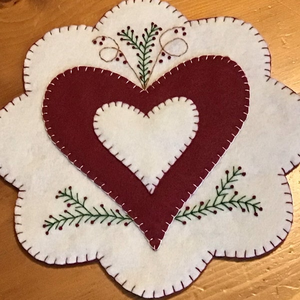 Heart candle mat, Love penny rug, Primitive Stitchery, Farmhouse decor, Home decor, Valentine’s Day, Sweetheart mat, Centerpiece