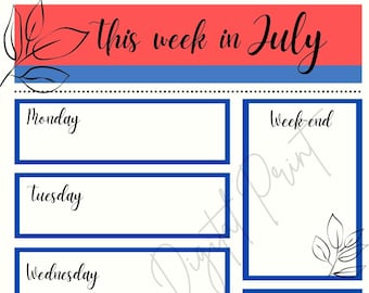 July Weekly Planner Page | Pretty Simple leaf themed planner Design | Colorful Design | Digital Download PDF