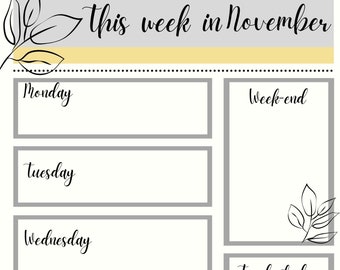 November Weekly Planner Page | Pretty Simple  leaf themed planner Design | Colorful Design | Digital Download PDF