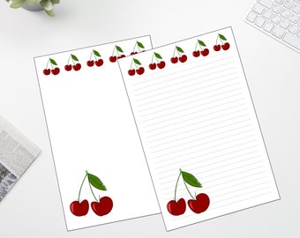 Minimalist Cherry Printable Letter Writing Paper, 8.5x11, Lined Unlined, Digital Stationery Paper, Instant Download, Personal Stationery