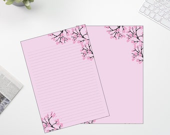 Minimalist Cherry Blossom Printable Letter Writing Paper, 8.5x11, Lined Unlined,Digital Stationery Paper, Instant Download, Personal Papers