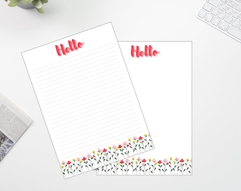 Minimalist Floral Hello Printable Letter Writing Paper, 8.5x11, Lined Unlined,Digital Stationery Paper, Instant Download, Personal Papers