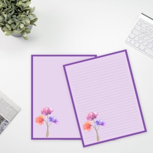 Purple Watercolor Flower Lined Printable Letter Writing Paper, 8.5x11, Lined Unlined,Digital Stationery Paper, Instant Download, Personal