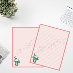 Papel de escritura de cartas imprimible forrado de cactus/suculentas, 8.5x11, forrado sin forro, papel de papelería digital, descarga instantánea, documentos personales