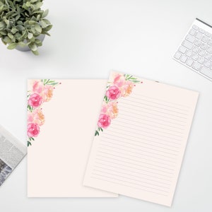 Peach Floral Lined Printable Letter Writing Paper, 8.5x11, Lined Unlined,Digital Stationery Paper, Instant Download, Personal Papers
