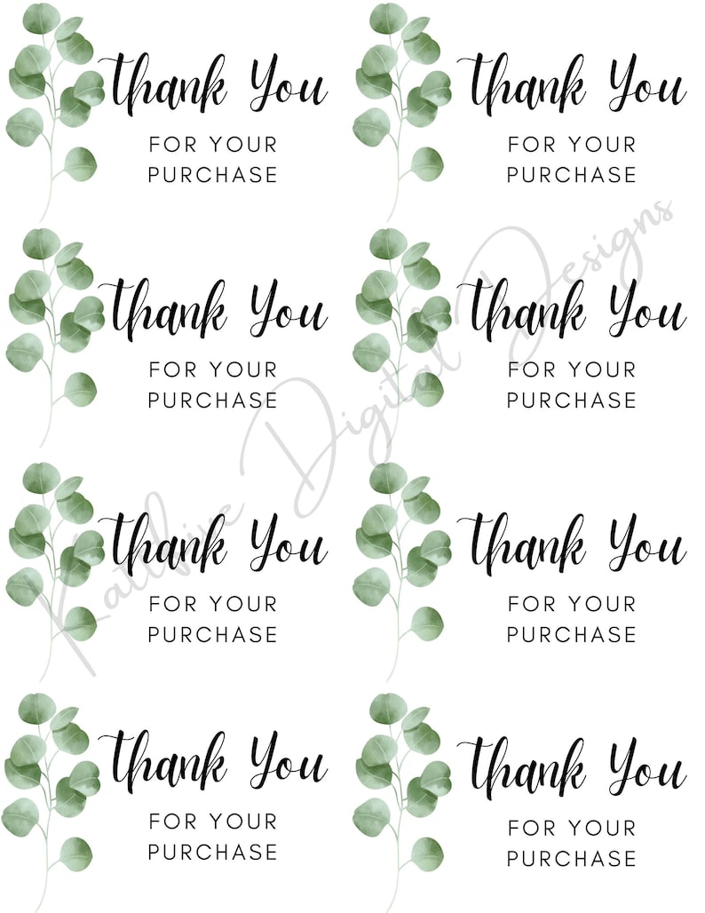 Thank you note cards, Eucalyptus thank you for your purchase, thank you card for sellers, printable thank you note, Digital thank you image 1