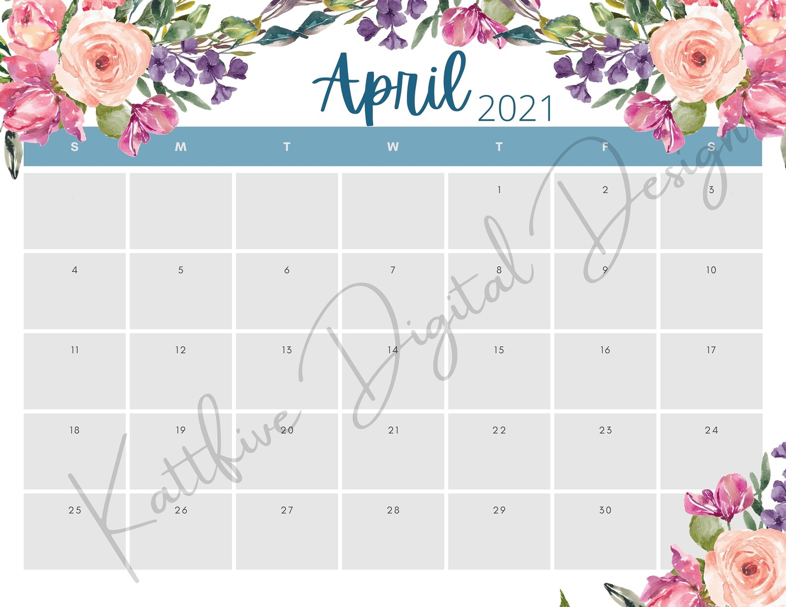 April 2021 Bundle Calendar Printable Pretty Floral themed Etsy