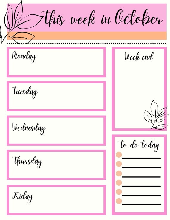 Planner　Simple　Leaf　Page　Weekly　October　Etsy　Pretty　Themed
