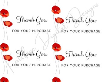 Thank you note cards, Red Poppy floral thank you for your purchase, thank you card for sellers, printable thank you note, Digital thank you