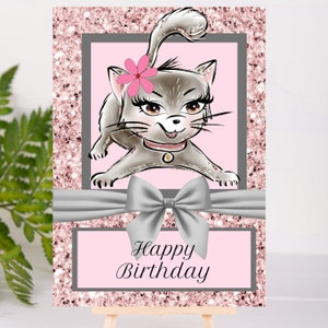 Glittery Kitty chat carte d'anniversaire féminine carte d'anniversaire numérique, carte imprimable, carte d'anniversaire imprimable, carte d'impression d'anniversaire numérique