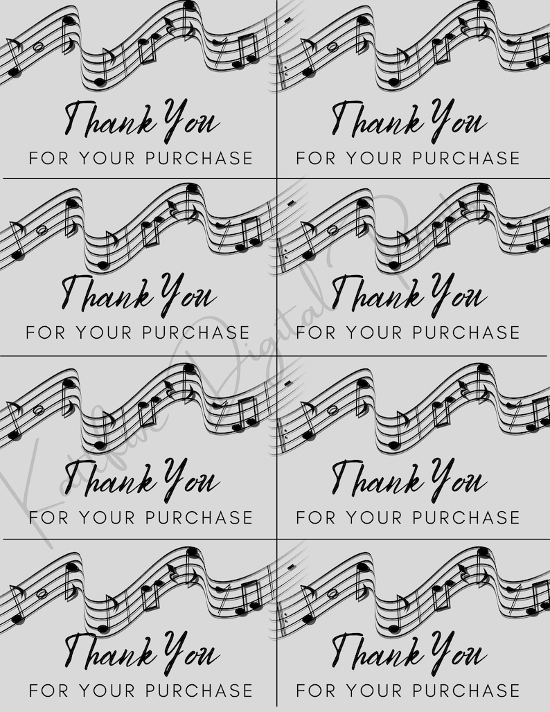 Thank you note cards, Music Note thank you for your purchase, thank you card for sellers, printable thank you note, Digital thank you image 1