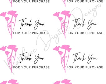 Thank you note cards, Pink Floral thank you for your purchase, thank you card for sellers, printable thank you note, Digital thank you