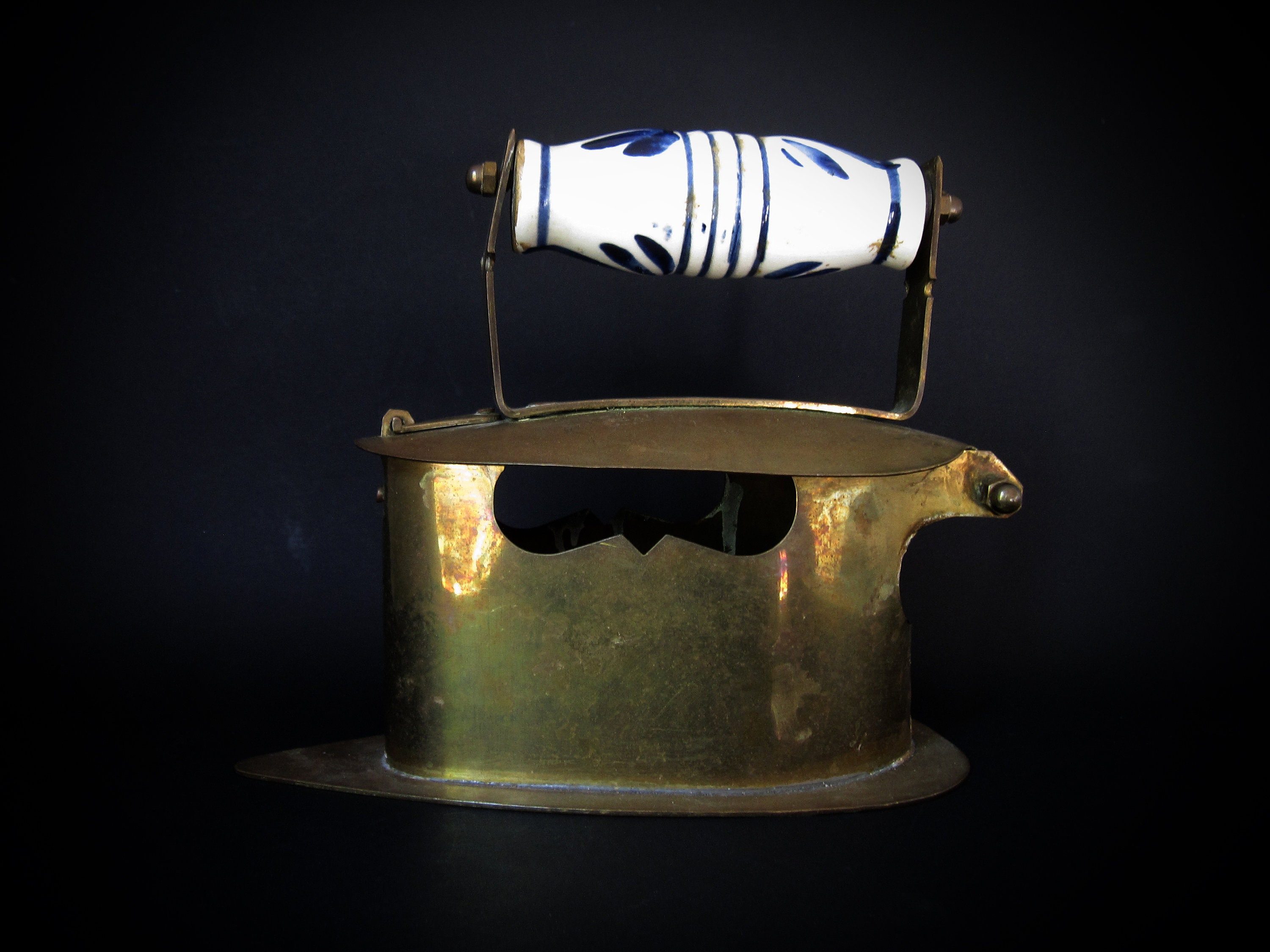Antique Brass Coal Iron With Delft Blue Handle Flat Iron Sad Etsy