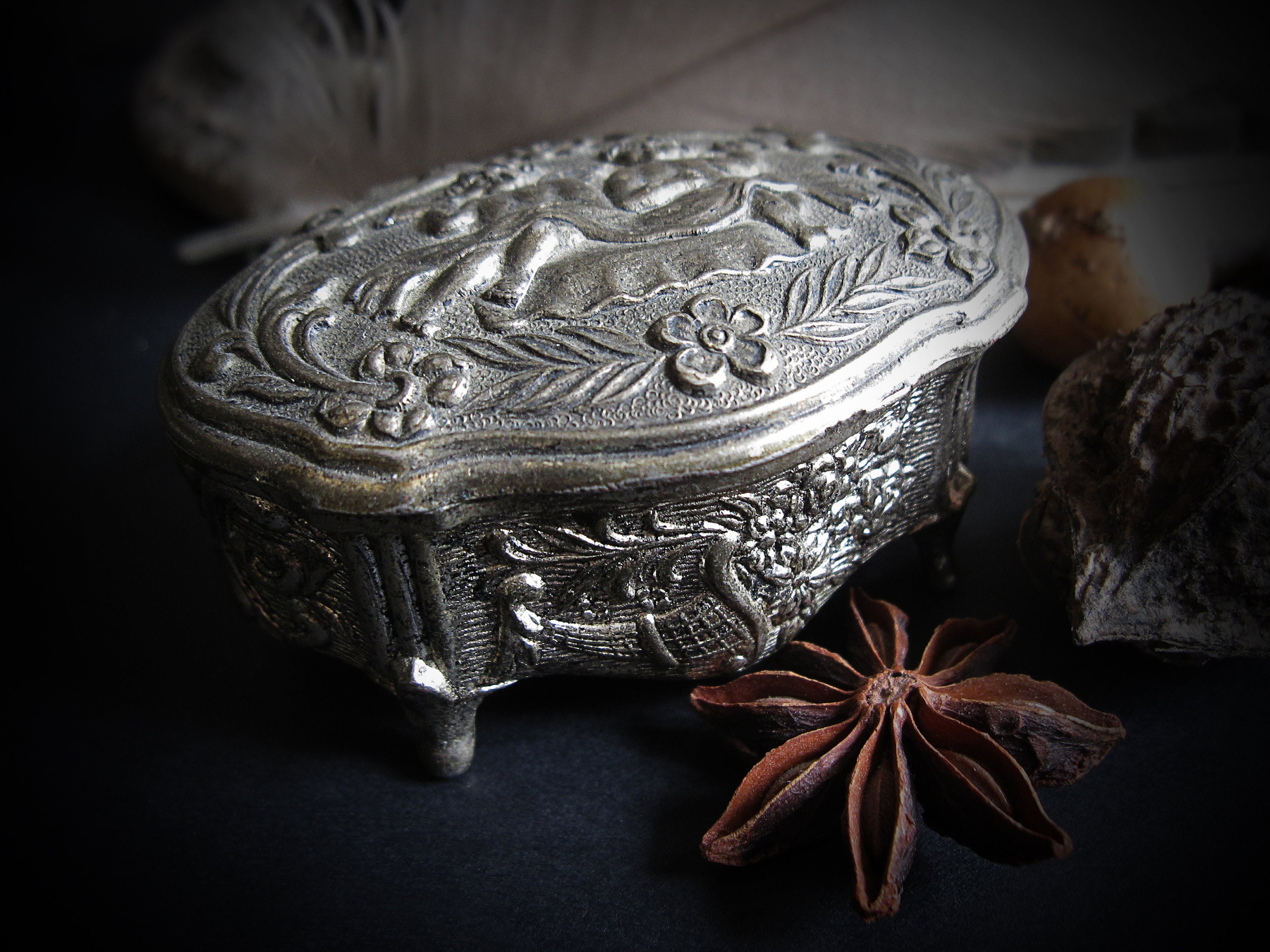 Pat.p Japan Old Silver Tone Raised Relief Jewelry Box With Pat.p Japan Old Silver Tone Raised Relief Jewelry Box With