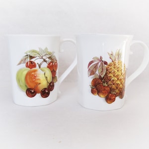 Staffordshire Porcelain China tea/coffee mugs. Fruit festival design. Vintage ware. English bone china.