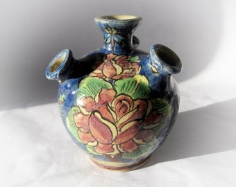 Vintage udder vase, vase with two tiers. Hand painted majolica pottery. Peonies motif.