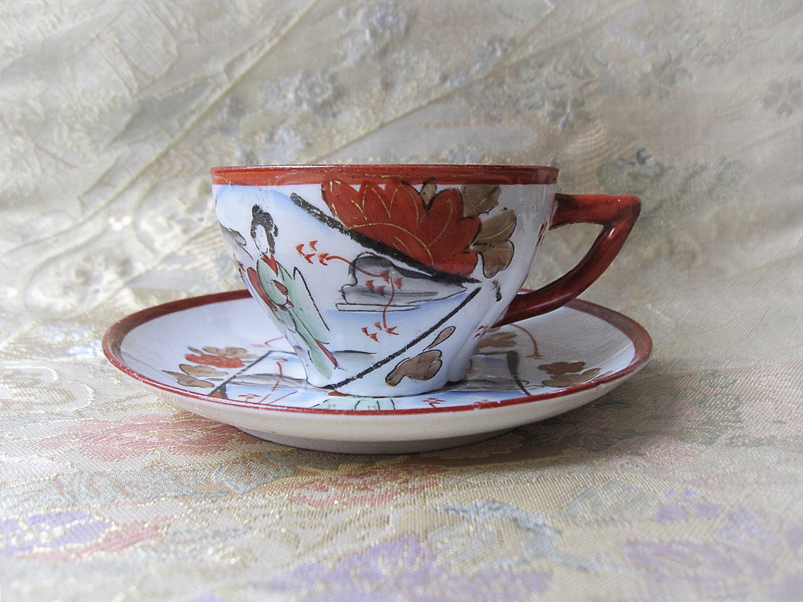 Vintage Japanese Teacup and Saucer Set. Hand Painted geisha Girl. Made