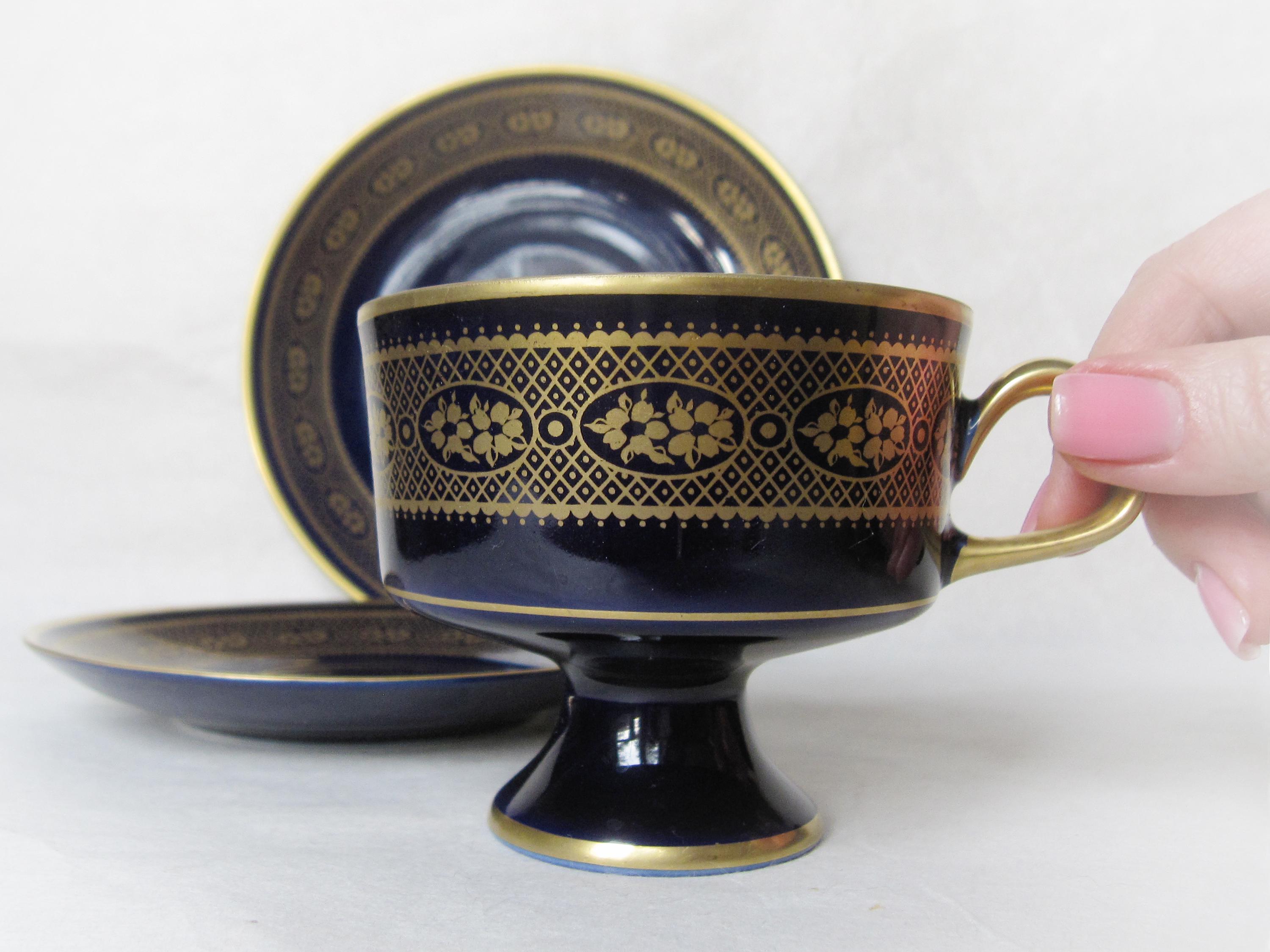 Fine China Lichte Tea Trio, Echt Kobalt, Made in GDR. Gold