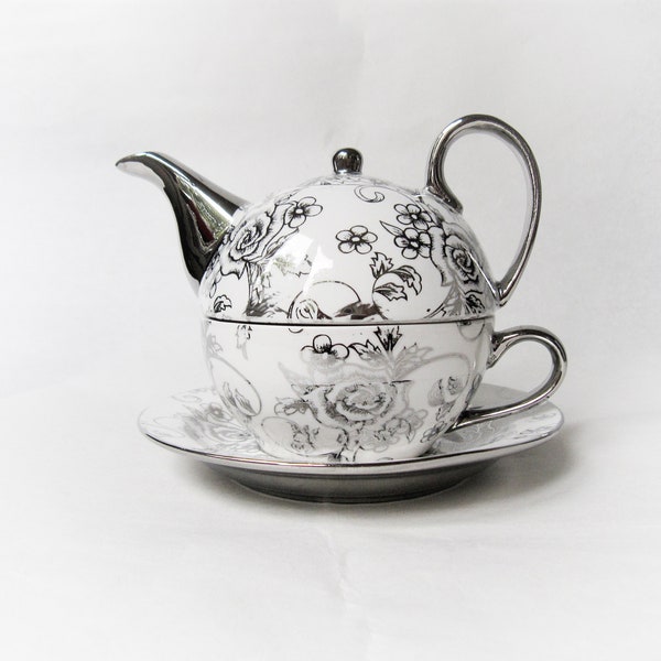 Henk Blom Decoration Holland ceramic teapot, cup and saucer set. Silver and White Lusterware.  Tea for one. Vintage ware.