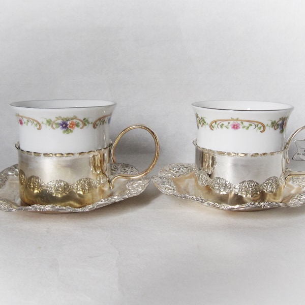 Schwarzenhammer Porzellan porcelain demitasse mocha cups and Quist silver-plated holders and saucers. West Germany vintage ware.