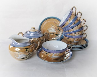 Dai Nippon porcelain tea set, White Herons design. Peach and blue luster eggshell china. Made in Japan. Vintage Japanese lusterware.