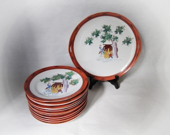 Dai Nippon (Great Japan) Satsuma set of 12 dessert plates and a serving tray. Hand-painted Japanese porcelain.  Antique Ware.