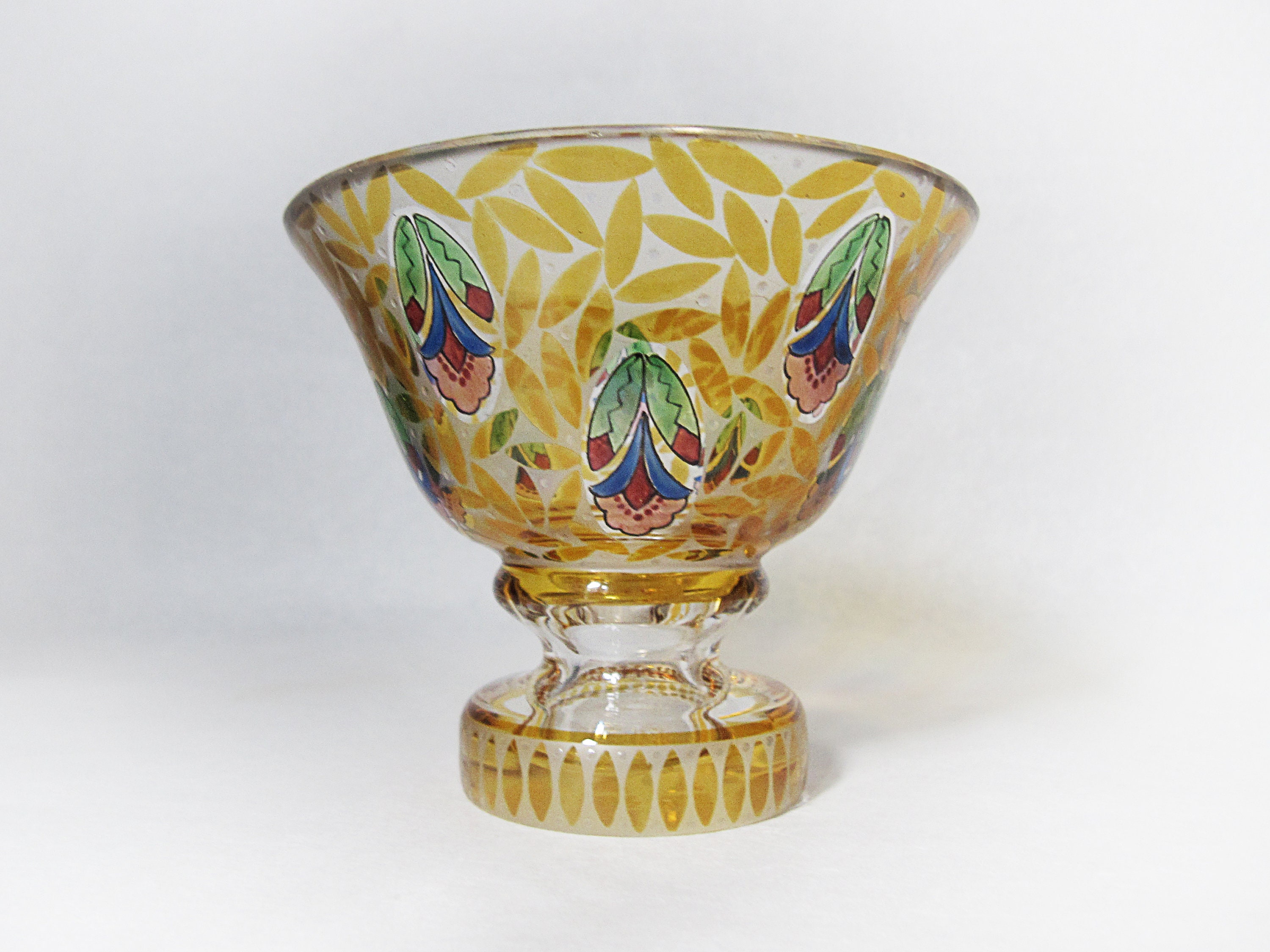 Antique stemmed footed dessert cup, fruit dish, trifle pudding glass, serving bowl. Decorative multicolor hand-painted glass.