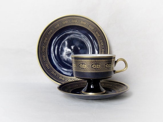 Fine China Lichte Tea Trio, Echt Kobalt, Made in GDR. Gold