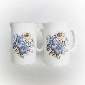 Balmoral Castle porcelain tea/coffee mugs with blue irises. Vintage ware. English bone china.
