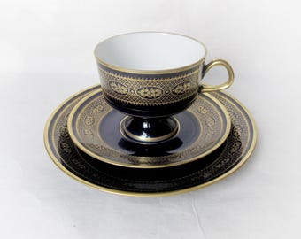 Fine China Lichte tea trio, Echt Kobalt, Made in GDR. Gold & cobalt porcelain. German vintage ware.