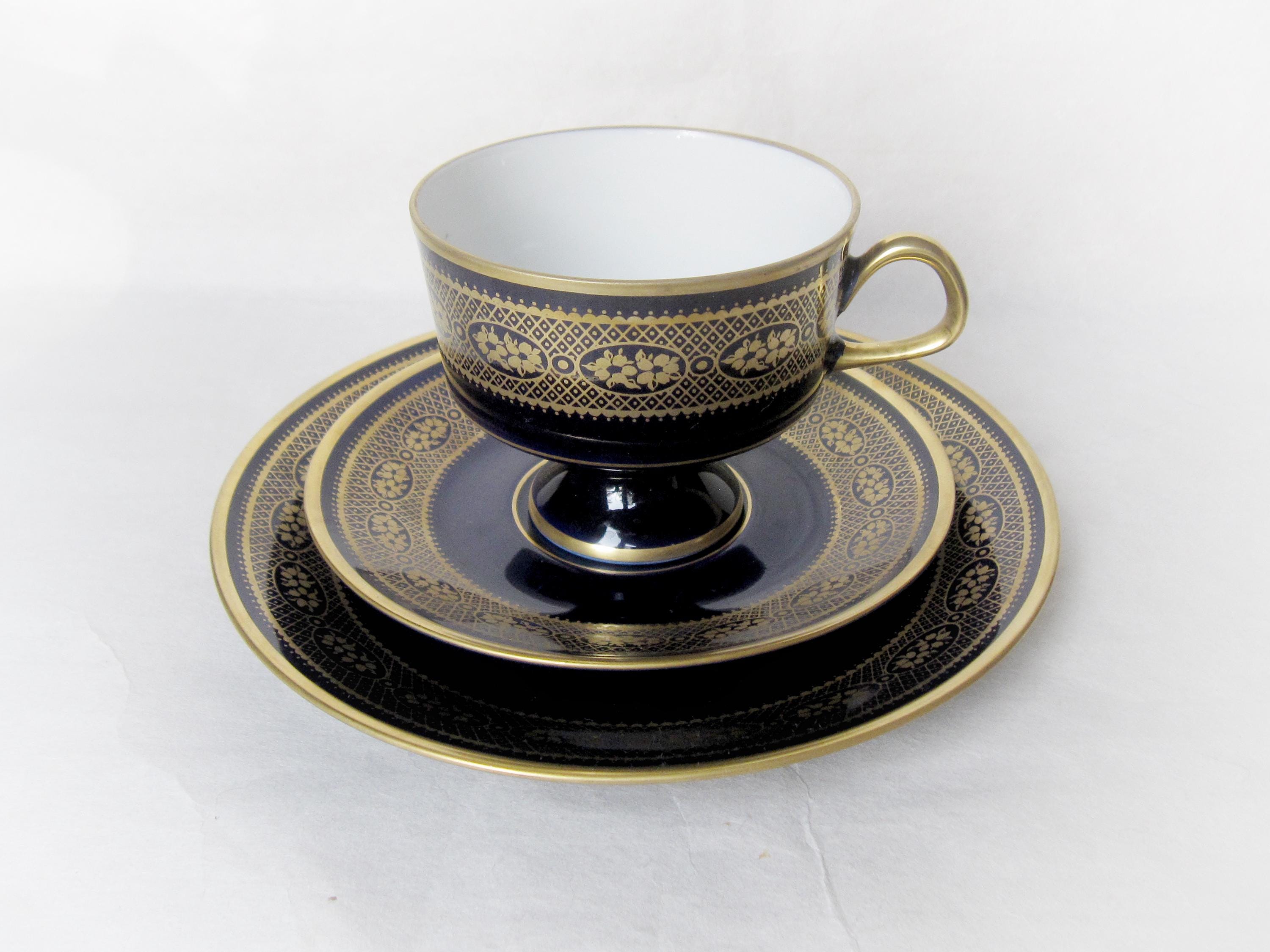 Fine China Lichte Tea Trio, Echt Kobalt, Made in GDR. Gold