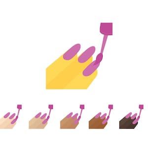 Puede incluir: Una mano con esmalte de uñas rosa que se pinta con un frasco de esmalte de uñas rosa.