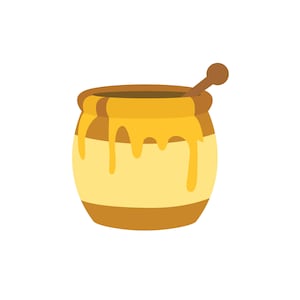 May include: A brown ceramic honey pot with a wooden dipper. The pot is filled with honey and has a yellow drip running down the side.