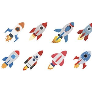 May include: Set of eight cartoon rockets in various colours, including red, blue, white, and grey. The rockets are all facing the same direction and have flames coming out of their engines.
