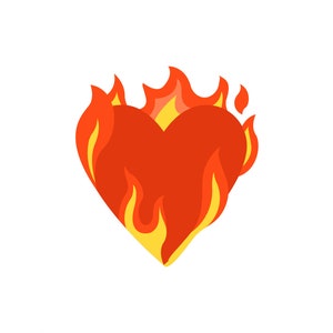 Può includere: Una forma di cuore rosso avvolta da fiamme gialle e arancioni. Il cuore è un simbolo di amore e passione.