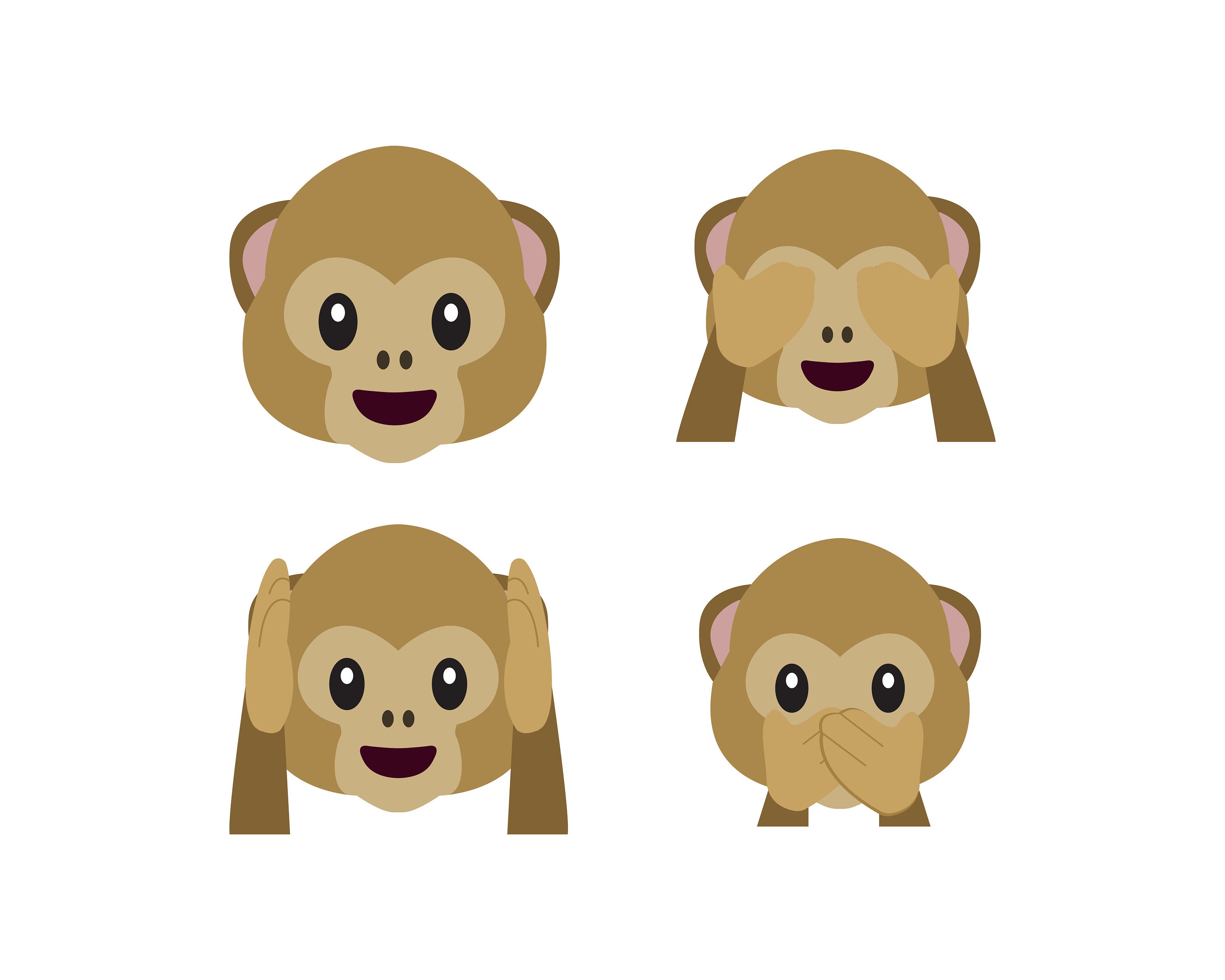 Gandhi's three monkey emoji vector set design. Isolated See-No-Evil Monkey,  Hear-No-Evil Monkey, Speak-No-Evil Monkey, meme sign design. Stock Vector