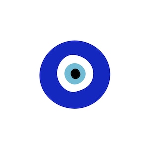 May include: A blue and white Evil Eye symbol, a talisman believed to ward off negative energy. The design features a dark blue outer circle, a white inner circle, a light blue circle, and a black center.