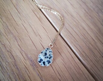 Fine gold necklace and Dalmatian jasper natural stone pendant