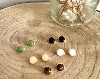 Gold-plated clip-on earrings with natural stones - gold clips with natural stones - stud earrings - gold-plated clips