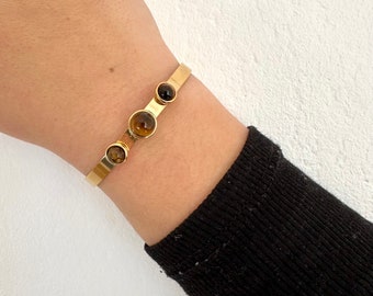 Bracelet jonc en acier inoxydable doré et pierre naturelle œil de tigre - jonc plaqué or - bracelet jonc or et pierre naturelle