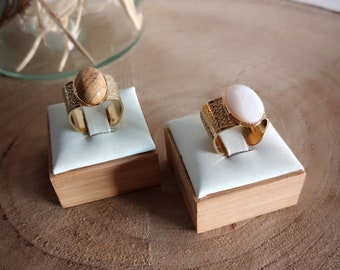 Gold-plated ring with natural mother-of-pearl - gold-plated ring with landscape jasper - large gold-plated ring - wide gold ring - natural stone ring