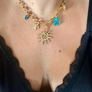 gold stainless steel charm necklace - shell charm necklace - sun - starfish - gold plated charm necklace