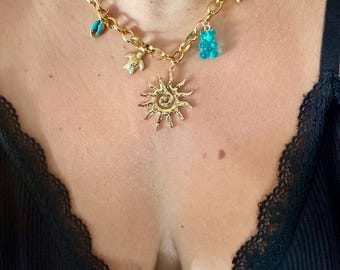 Gold-plated stainless steel charm necklace - shell charm necklace - sun charm necklace - starfish charm necklace