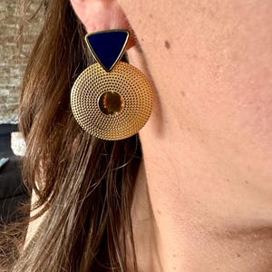 gold and blue earrings - gold plated drop earrings - geometric earrings - large earrings