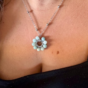silver necklace with flower pendant in natural stones - natural pearl necklace - flower necklace and pendant - natural stone necklace