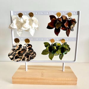 white flower drop earrings - leopard flower drop earrings - khaki green flower earrings