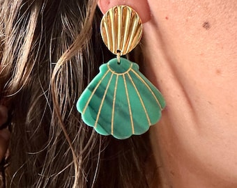 Gold and turquoise shell earrings - large shell earrings - pink shell drop earrings