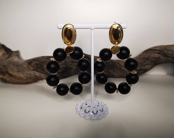 Gold and black pearl dangling earrings - gold and white pearl dangling earrings - pearl hoop earrings