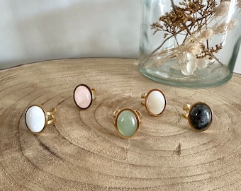 Adjustable gold and natural stone ring - gold-plated stainless steel ring - gold ring with green stone - gold fashion ring - rose quartz ring