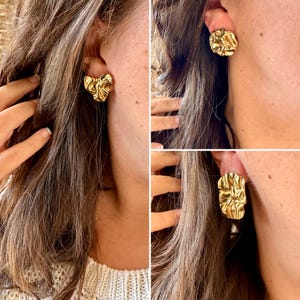 gold-plated stainless steel hammered heart stud earring - gold-plated round hammered stud earring - gold-plated rectangular hammered stud earring